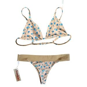 [NWT] Frankie's Bikinis Tan and Blue Floral Bikini S/M, Spring Bloom pattern